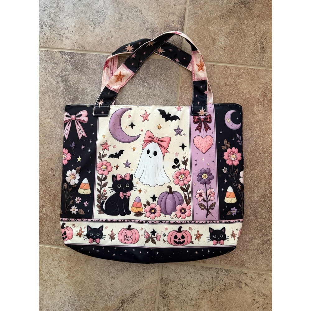 Great Trick Or Treat Bag Little Ghost, Black Cat & Pumpkins Halloween Tote Bag